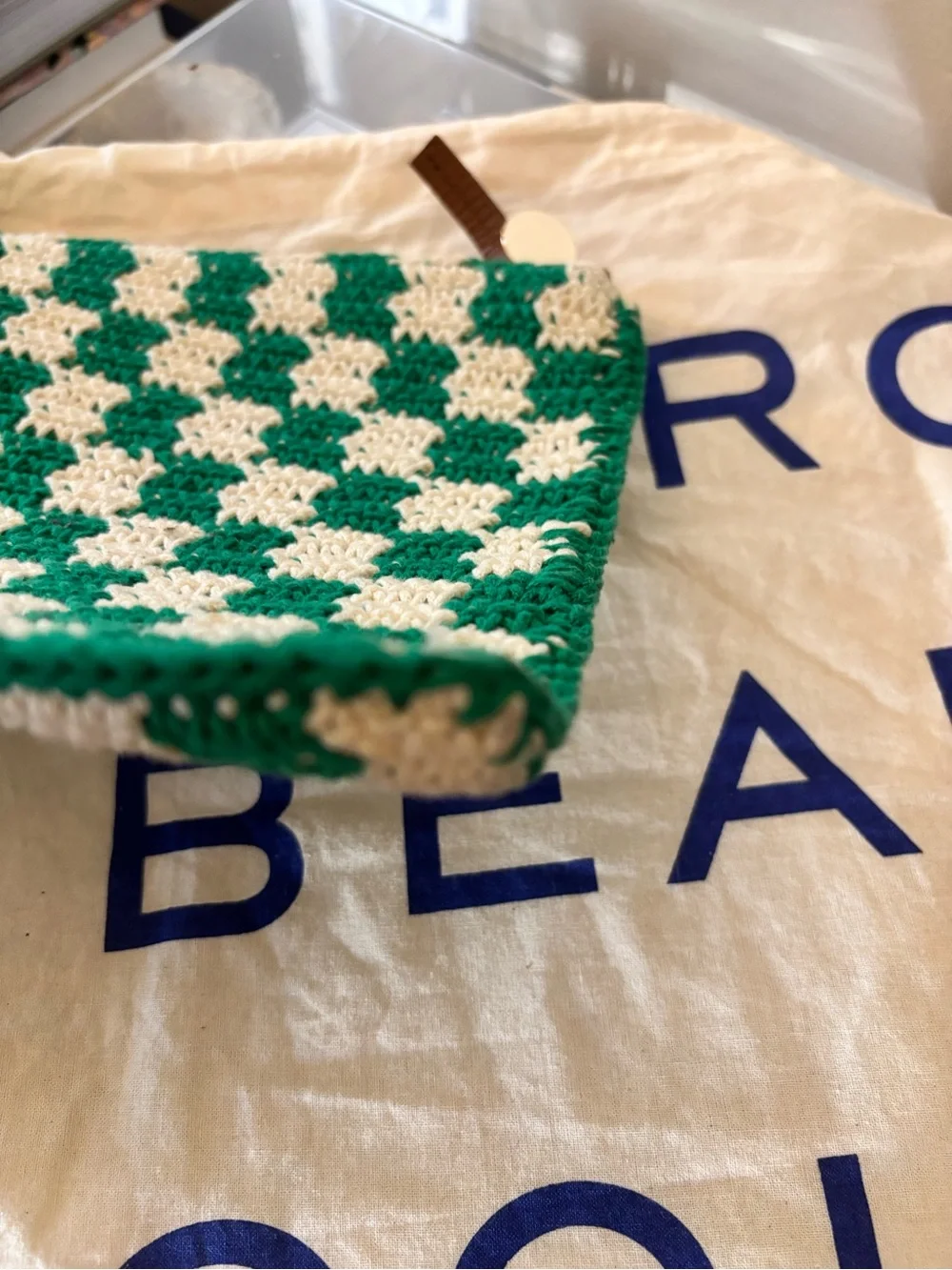 Clare V. Flat Clutch with Tabs in Sea Green & Cream Mini Crochet Checker - EUC